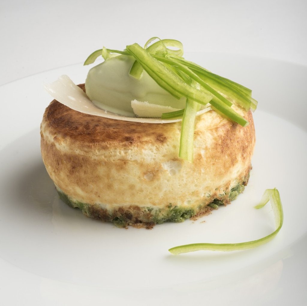 Soufflé au parmesan financier roquette glace poivron vert, by Pierre Gagnaire. Photo: Jacques Gavard