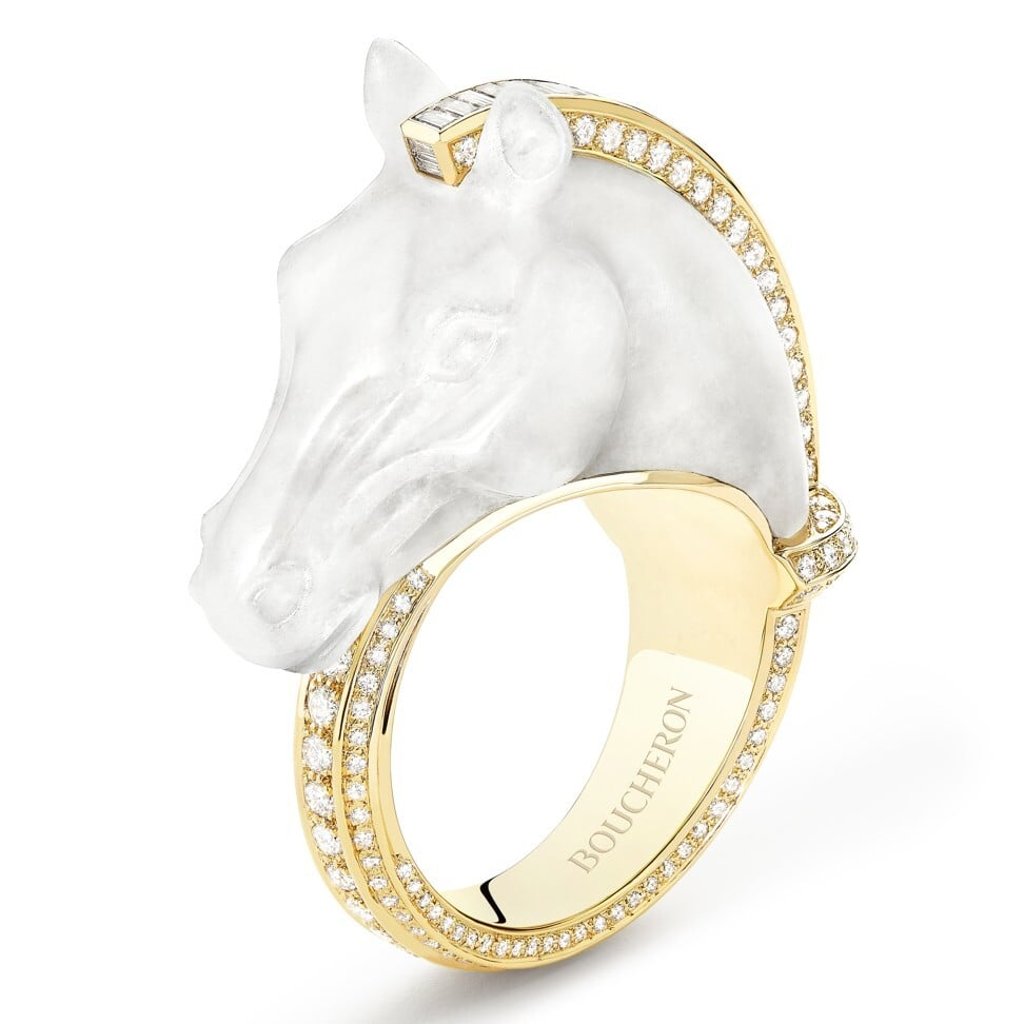 Boucheron Cheval de l’Opéra ring set with frozen quartz and baguette diamonds in yellow gold. Photo: Boucheron Boucheron Cheval de l’Opéra ring set with frozen quartz and baguette diamonds in yellow gold. Photo: Boucheron