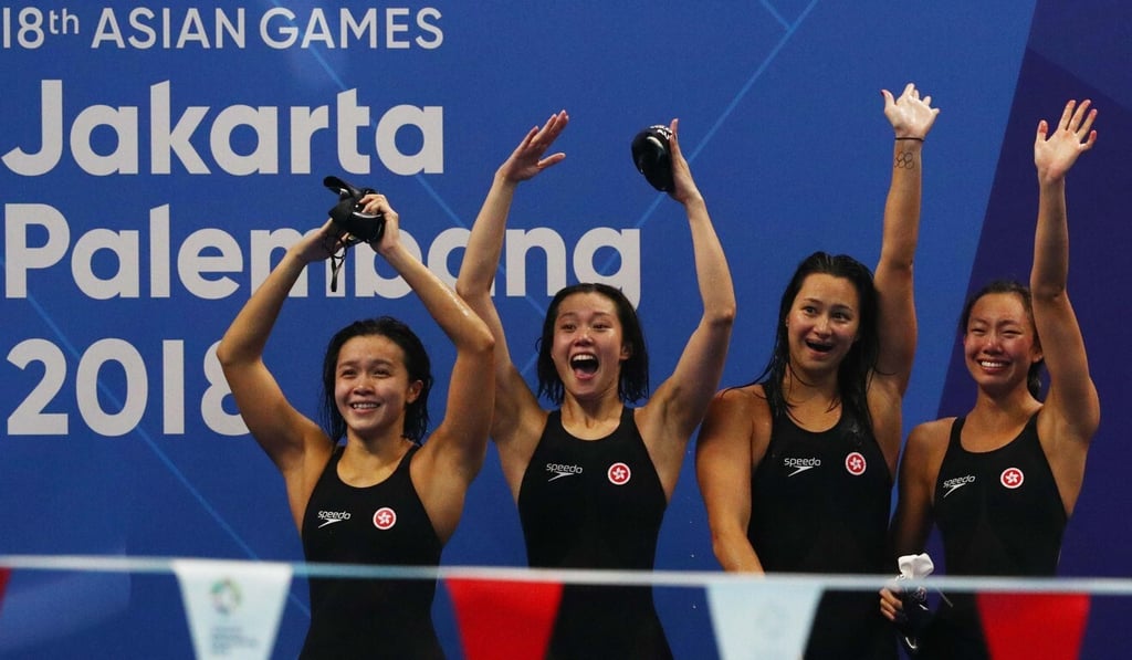 Hong Kong women’s 4x100m medley relay team celebrate their silver medal at 2018 Asian Games in Jakarta. From left: Chan Kin-lok, Stephanie Au, Camille Cheng Lily-mei and Jamie Yeung Zhen-mei. Photo: Reuters