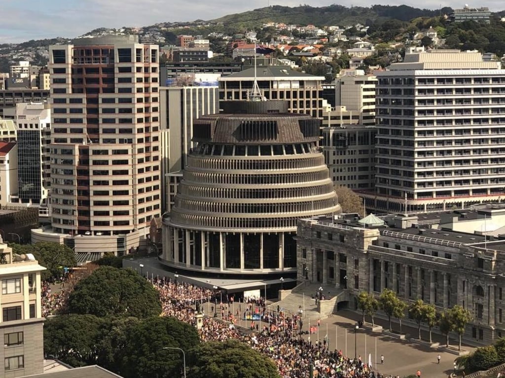 The New Zealand government’s Beehive building in Wellington. Photo: Facebook/Rebecca Thomson