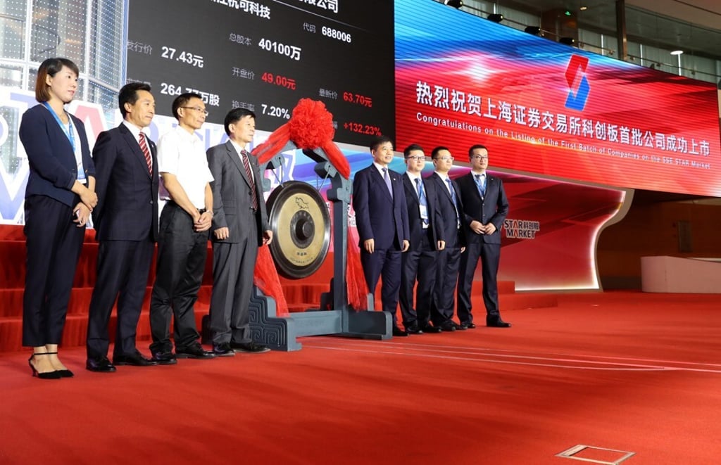 A group photo at the Shanghai Stock Exchange on July 22, 2019. China's sci-tech innovation board (STAR market) started trading on the Shanghai Stock Exchange, with the first batch of 25 companies debuting on the board. Photo: Xinhua A group photo at the Shanghai Stock Exchange on July 22, 2019. China's sci-tech innovation board (STAR market) started trading on the Shanghai Stock Exchange, with the first batch of 25 companies debuting on the board. Photo: Xinhua