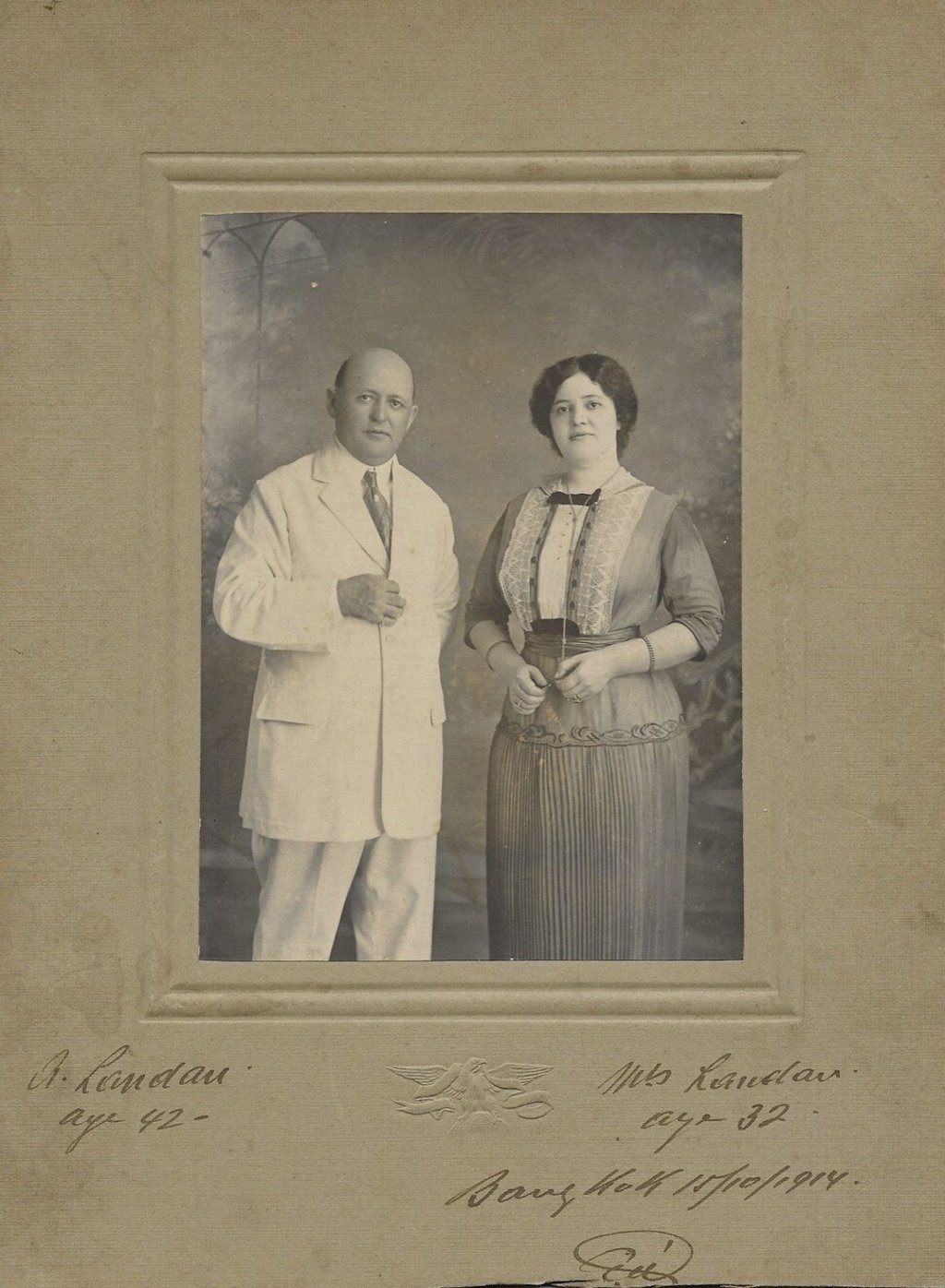Aaron Landau, aged 42, and his wife, Amelia, aged 32, in Bangkok, Thailand, in October 1914. Photo: courtesy of Barbara Harding
