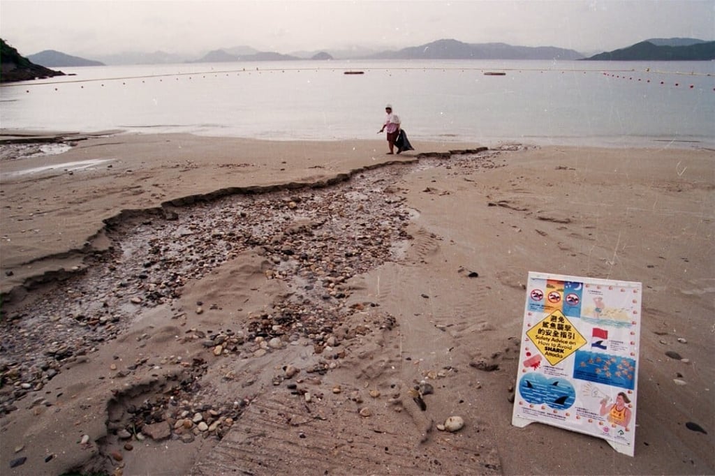 Warning signs sit on Silverstrand Bay in Sai Kung to warn swimmers after two shark attacks in 1993. The last recorded shark attack in Hong Kong was in 1995. Photo: SCMP