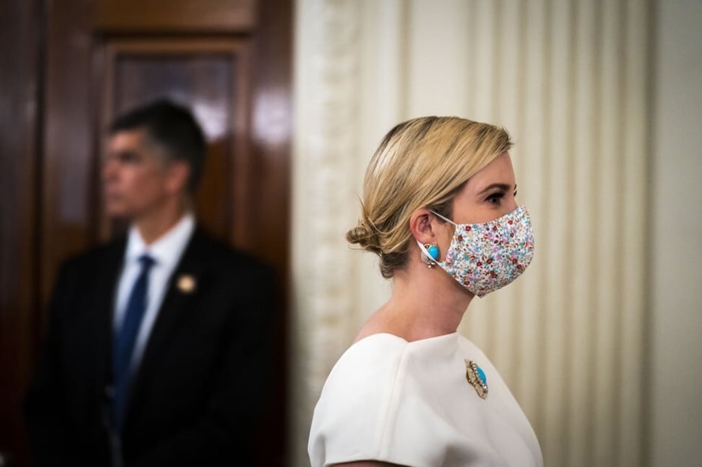 Ivanka Trump, assistant to President Donald Trump, wears a protective mask while exiting a meeting with restaurant executives in the State Dining Room of the White House in May 2020. Photo: The New York Times/Bloomberg