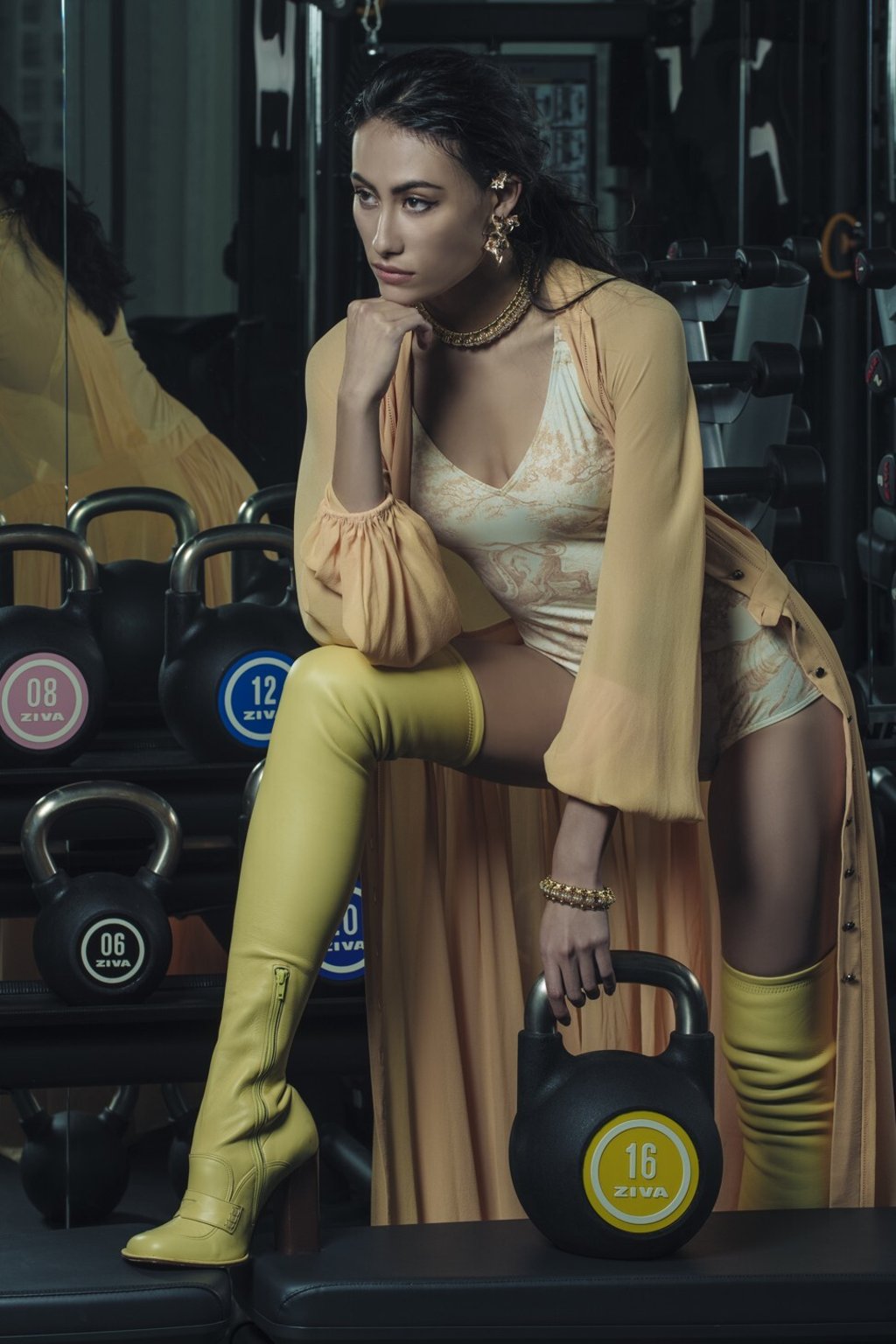 Chloé, dress, HK$36,800; Dior beachwear, HK$5,600; Loewe, boots, HK$15,350; Boucheron, earrings, HK$358,000; Tiffany & Co. choker, HK$636,000; Tiffany & Co. bangle, HK$287,000.