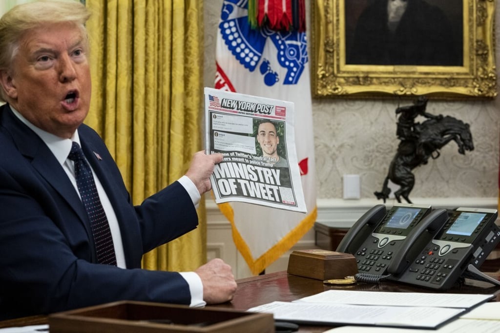 US President Donald Trump speaks, while holding up a copy of the New York Post newspaper, before signing an executive order in Washington on May 28. Trump called out a single Twitter employee on Thursday in a tweet complaining that the platform's decision to fact-check his tweets on mail balloting could “taint” the US election. Photo: Bloomberg US President Donald Trump speaks, while holding up a copy of the New York Post newspaper, before signing an executive order in Washington on May 28. Trump called out a single Twitter employee on Thursday in a tweet complaining that the platform's decision to fact-check his tweets on mail balloting could “taint” the US election. Photo: Bloomberg