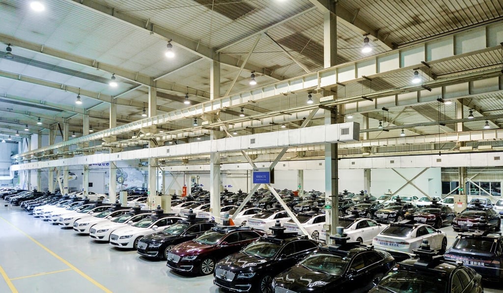 Rows of self-driving vehicles in Apollo Park. Photo: Handout