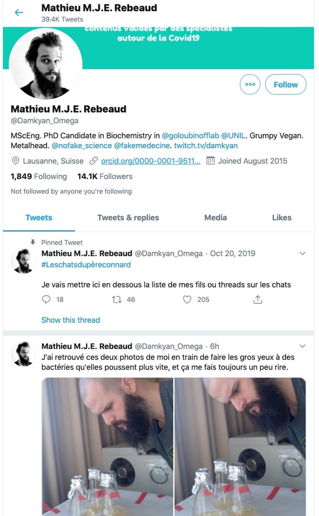 Mathieu Rebeaud is a Swiss-based researcher in biochemistry on Twitter. Photo: Mathieu M.J.E. Rebeaud @Damkyan_Omega Mathieu Rebeaud is a Swiss-based researcher in biochemistry on Twitter. Photo: Mathieu M.J.E. Rebeaud @Damkyan_Omega