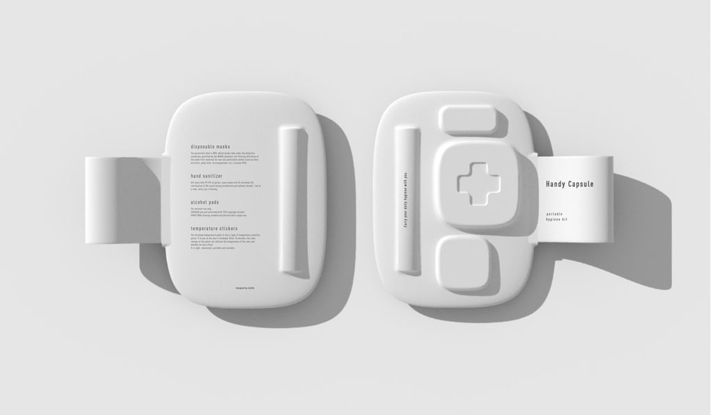 The Handy Capsule includes a mask, temperature-reading stickers, hand sanitiser and alcohol wipes. Photo: Handout The Handy Capsule includes a mask, temperature-reading stickers, hand sanitiser and alcohol wipes. Photo: Handout