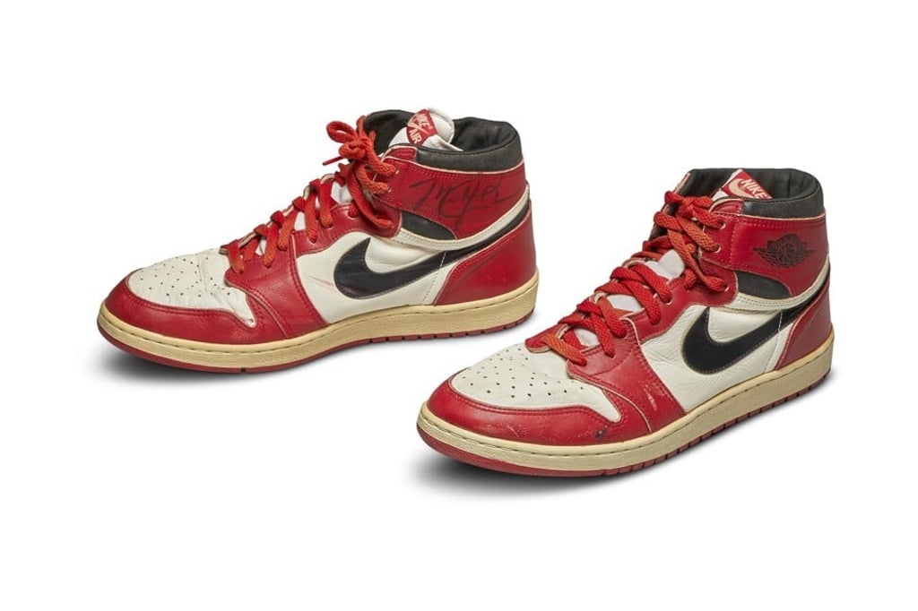 Michael Jordan’s red-and-white Nike Air Jordan 1s last worn on court in 1985. Photo: handout Michael Jordan’s red-and-white Nike Air Jordan 1s last worn on court in 1985. Photo: handout