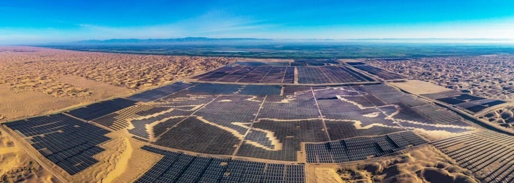 The world's largest solar panel image, covering an area of 1.4 kilometres, in China’s autonomous region of Inner Mongolia. It consists of 196,320 solar panels and was created by state-owned SPIC Nei Mongol Energy Co in the Kubuqi Energy Ring Desert Paradise Scenic Spot in the city of Ordos in July 2019. Photo: Guinness World Records