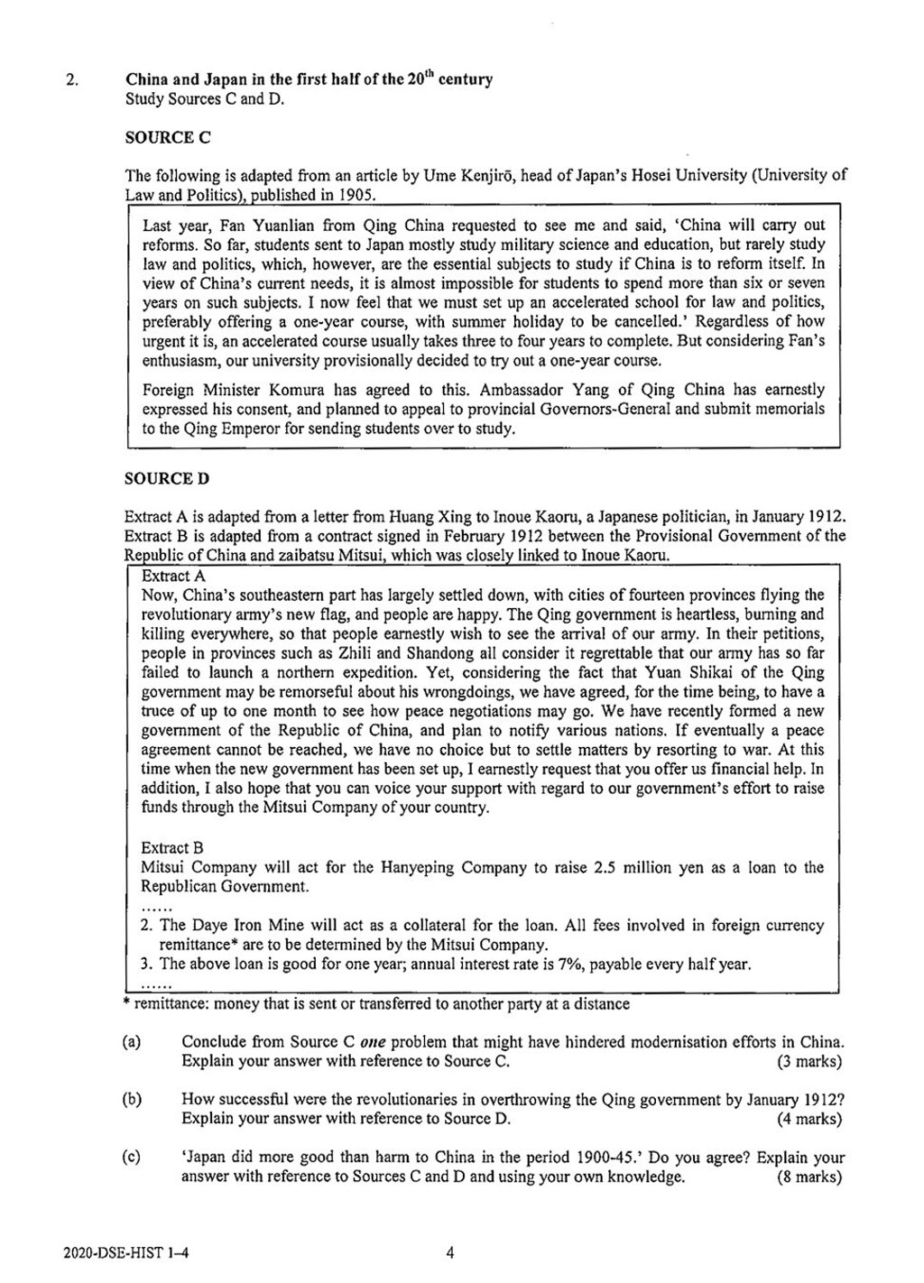 The 2020 DSE history question that sparked controversy and was later invalidated. Photo: Handout