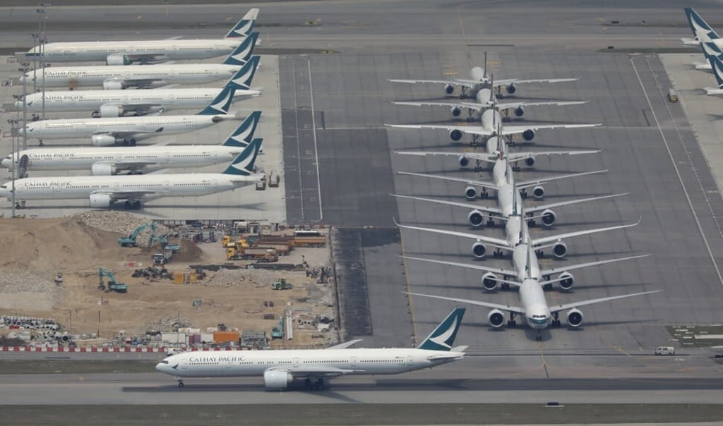 Aeroplanes grounded at the Hong Kong International Airport in Chek Lap Kok on 14 March 2020 as flights were affected by the outbreak of coronavirus. Photo: Robert Ng Aeroplanes grounded at the Hong Kong International Airport in Chek Lap Kok on 14 March 2020 as flights were affected by the outbreak of coronavirus. Photo: Robert Ng