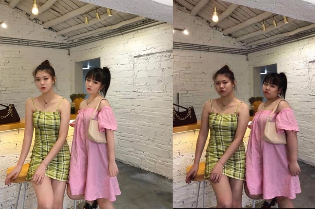 Before and after pictures of Chinese influencer Coeyyy (in pink) and a friend. Before and after pictures of Chinese influencer Coeyyy (in pink) and a friend.
