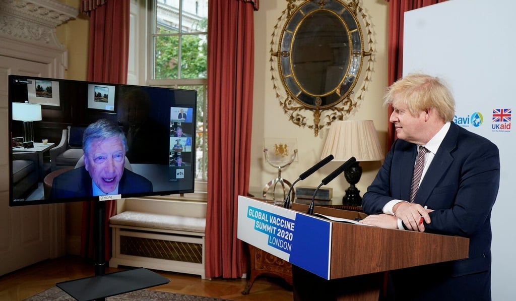 Britain's Prime Minister Boris Johnson takes part in the Global Vaccine Summit via Zoom from 10 Downing Street on Thursday. Photo: 10 Downing Street via Reuters