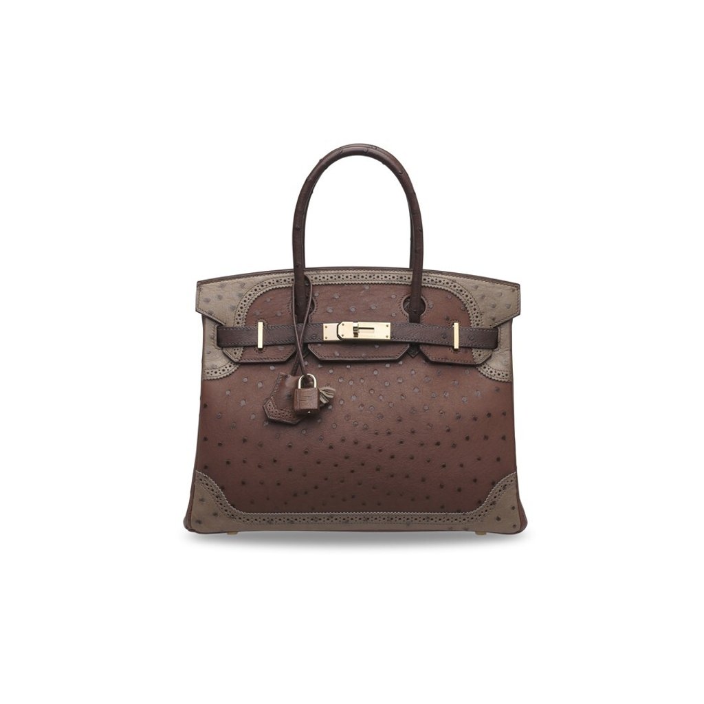 A limited edition 30cm Etrusque, Mousse & Marron Fonce Ostrich Ghillies Birkin Bag with permabrass hardware by Hermès. Photo: Christie’s