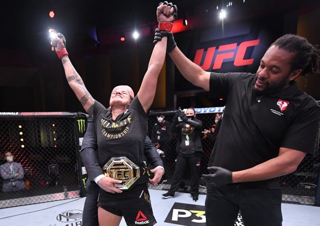 Amanda Nunes celebrates her unanimous decision victory over Felicia Spencer. Amanda Nunes celebrates her unanimous decision victory over Felicia Spencer.