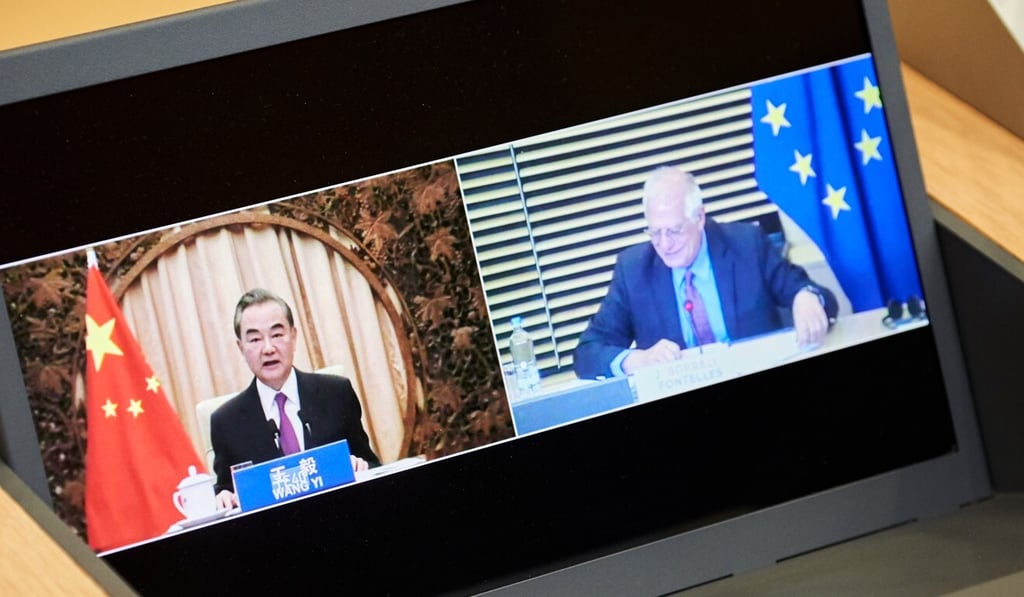 Chinese Foreign Minister Wang Yi and EU foreign affairs chief Josep Borrell had a three-hour meeting via video link. Photo: Dati Bendo/European Commission/DPA Chinese Foreign Minister Wang Yi and EU foreign affairs chief Josep Borrell had a three-hour meeting via video link. Photo: Dati Bendo/European Commission/DPA
