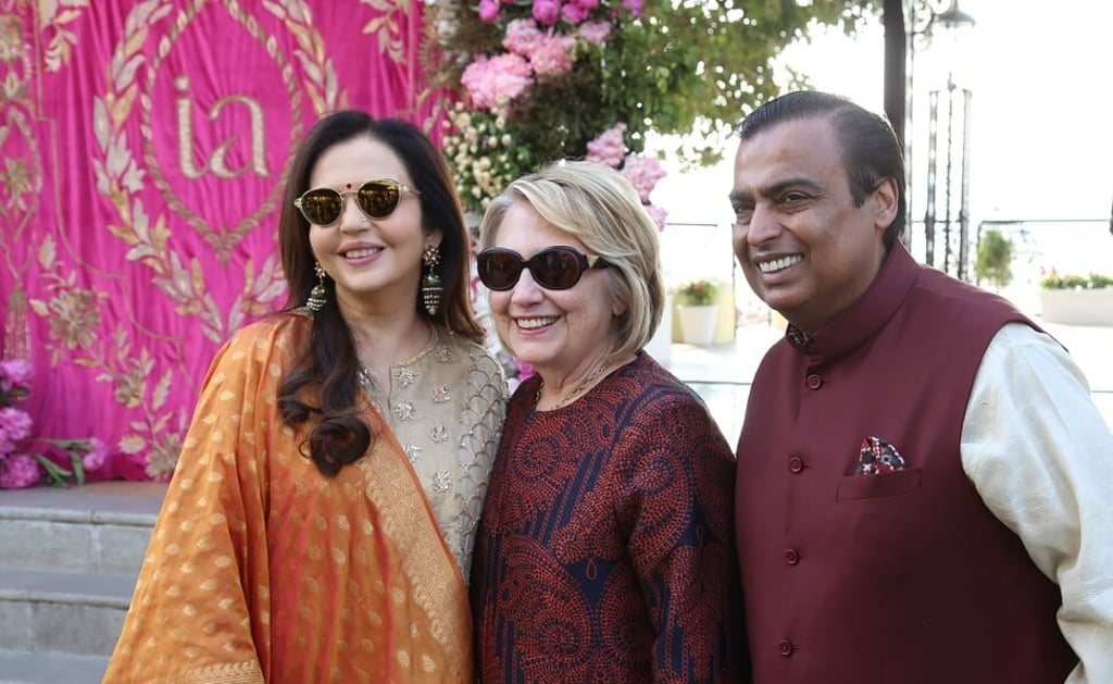 Nita and Mukesh Ambani with former US first lady Hillary Clinton. Photo: AFP