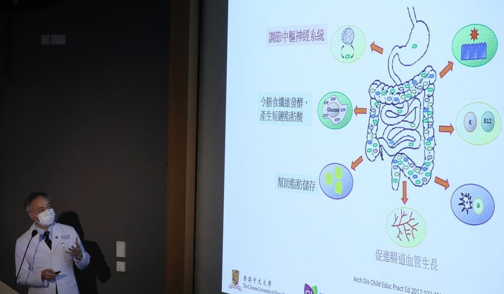 Professor Paul Chan speaks at a Thursday press conference in Hong Kong where his research team unveiled its new supplement designed to help the body balance bacteria levels in the gut. Photo: K.Y. Cheng