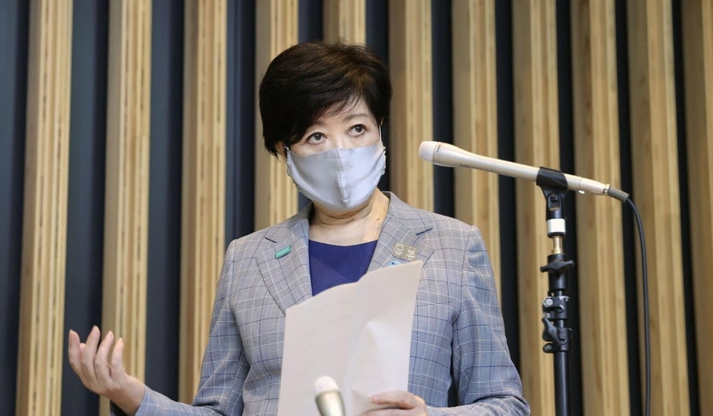 Tokyo Governor Yuriko Koike speaks to the media on Sunday. Photo: Kyodo