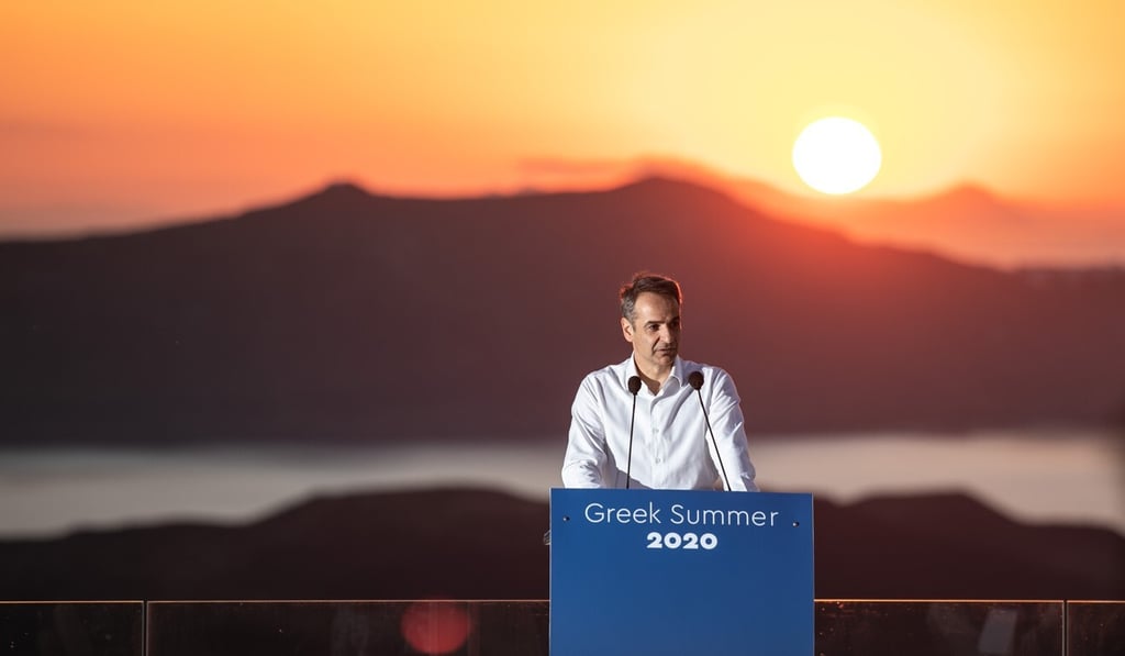 Greek Prime Minister Kyriakos Mitsotakis speaks during a press conference on Santorini Island on Saturday. Photo: Xinhua Greek Prime Minister Kyriakos Mitsotakis speaks during a press conference on Santorini Island on Saturday. Photo: Xinhua