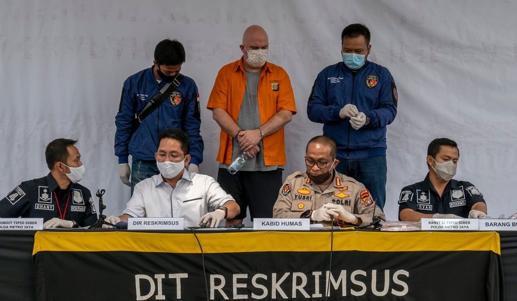 Russ Medlin is presented at a police press conference in Jakarta on June 16, 2020. Photo: AFP