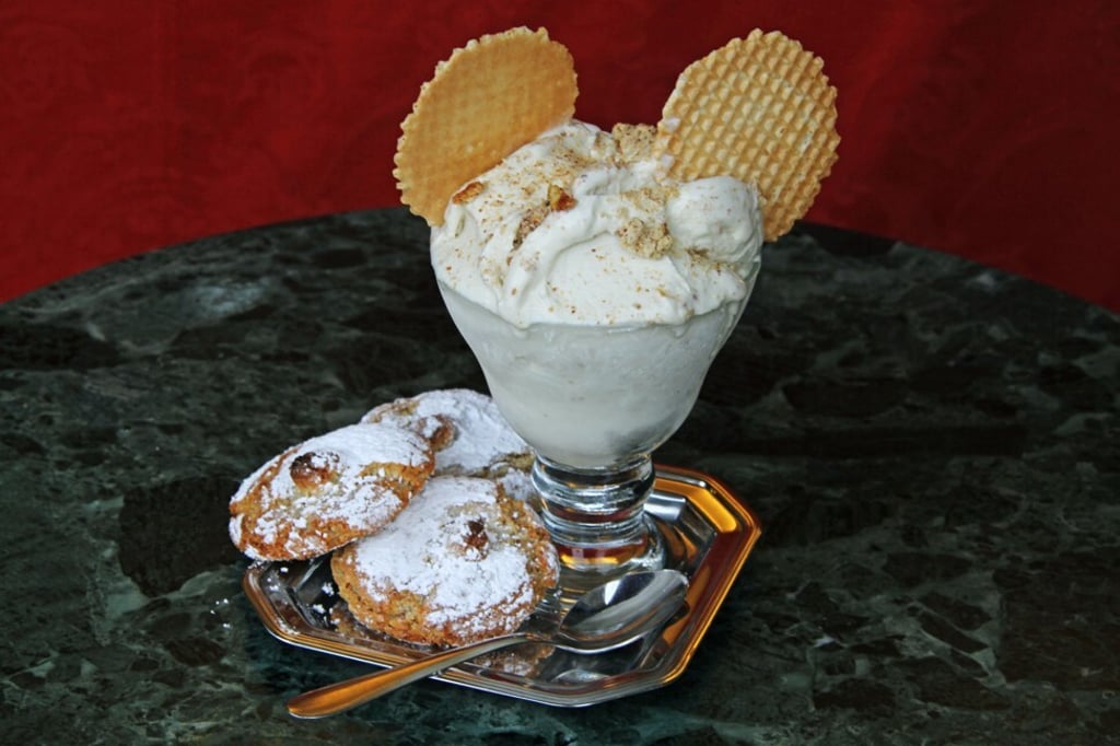 Sicilian artisan Amaretto ice cream. Ice cream has origins that can be traced to Mesopotamia.