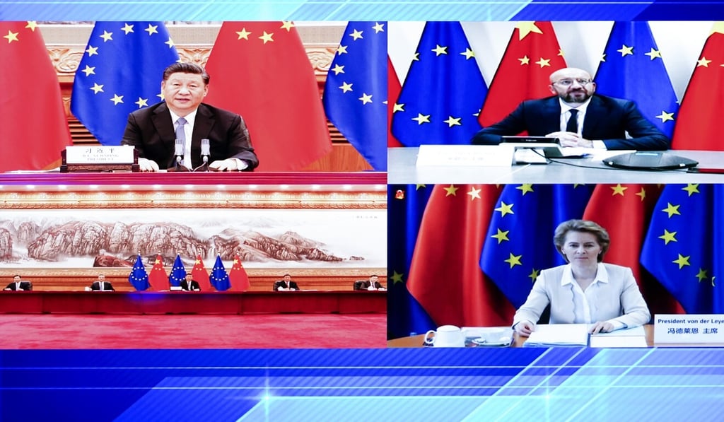 The meeting between Chinese and EU leaders took place via video link because of the coronavirus pandemic. Photo: Xinhua The meeting between Chinese and EU leaders took place via video link because of the coronavirus pandemic. Photo: Xinhua