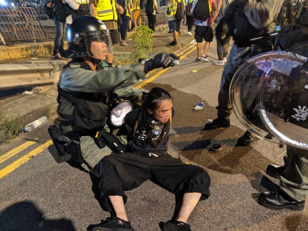 A protester is arrested at the same July 27 rally in Yuen Long where social worker Lau Ka-tung delayed police by standing in front of a cordon of officers during a clearance operation. Photo: Sum Lok-kei