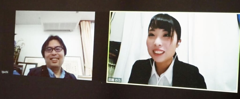 A screen displaying a job interview for a student (right) amid the coronavirus pandemic. Photo: Kyodo News via Getty Images