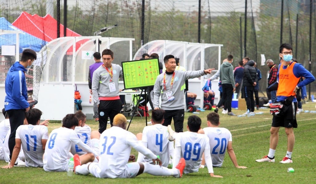 BC Rangers conduct a half-time team talk on the pitch at the Tseung Kwan O Football Training Centre in February.