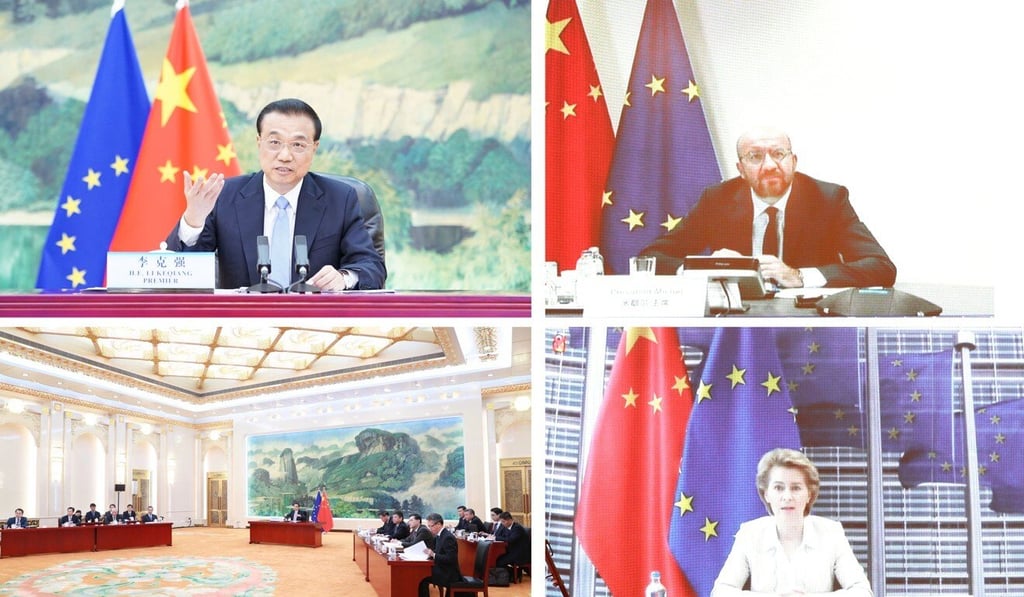 Chinese Premier Li Keqiang (top left), president of the European Council Charles Michel (top right) and president of the European Commission Ursula von der Leyen take part in the 22nd China-European Union leaders’ meeting via video in Beijing on June 22. Photo: Xinhua
