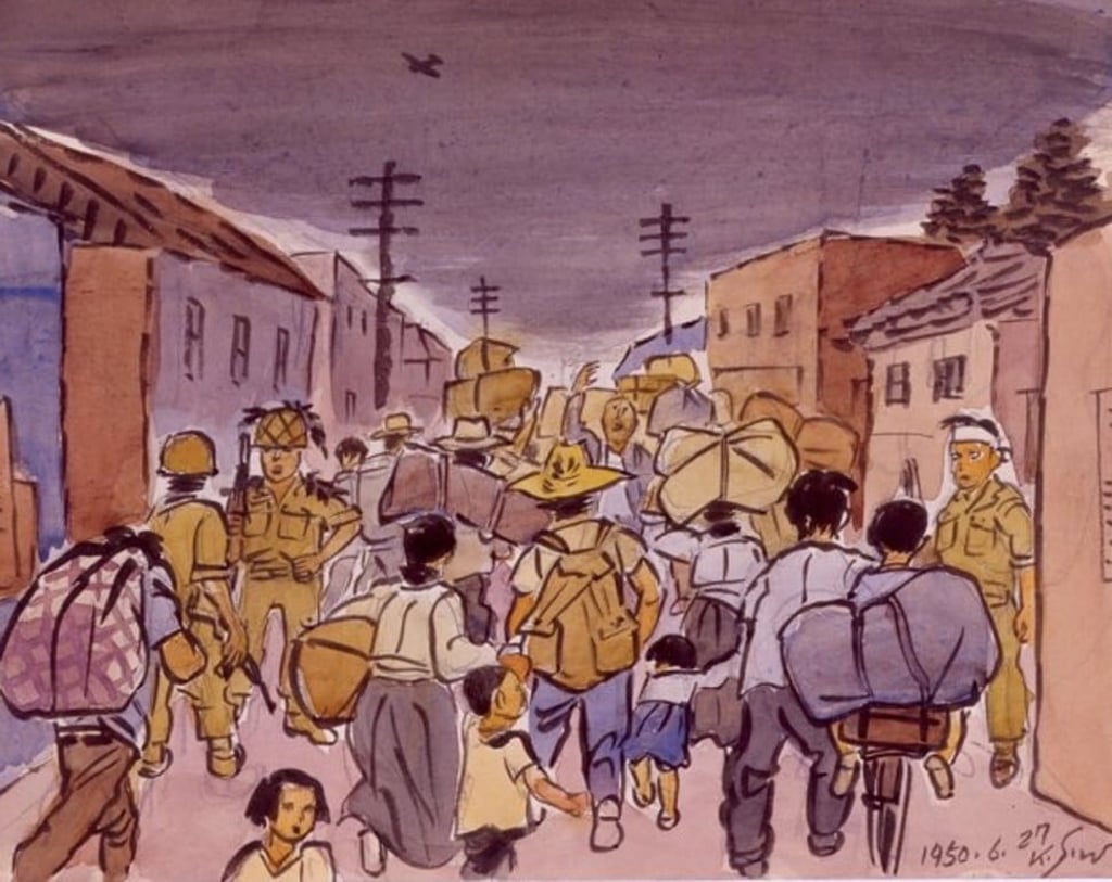 The exhibition includes some 80 sketches of scenes from the war by Kim Seong-hwan from the Museum of Modern and Contemporary Art’s collection, like this one called Near Donam Bridge (1950). Photo: Courtesy of MMCA/Kim Seong-hwan