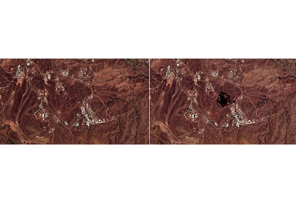 The site of an explosion, before, left, and after, right, that rattled Iran’s capital. Photo: AP