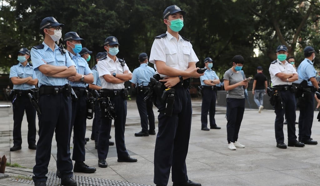 Police officers stand watch at Victoria Park in Causeway Bay during the annual June 4 candlelight vigil marking the Tiananmen Square crackdown in 1989. Photo: Sam Tsang