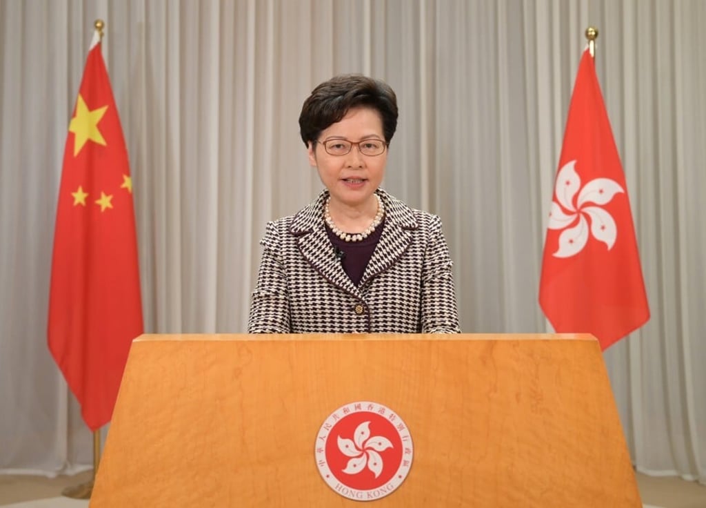 Carrie Lam delivers a video message to the United Nations Human Rights Council meeting on Tuesday. Photo: Handout Carrie Lam delivers a video message to the United Nations Human Rights Council meeting on Tuesday. Photo: Handout