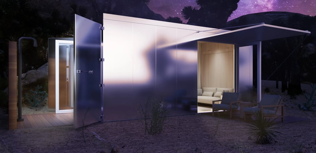 A moody night view of the Buhaus tiny home. Photo: Burdge Architects