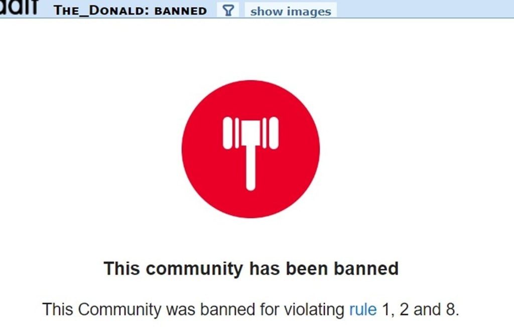 A screen grab on the Reddit site shows a message stating that The Donald forum has been banned.