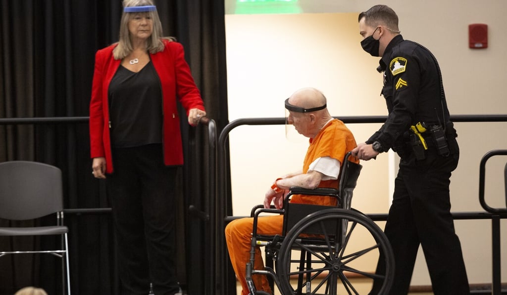 Joseph James DeAngelo is wheeled into the courtroom as his lawyer, public defender Diane Howard, looks on in Sacramento, California, on Monday. Photo: AP