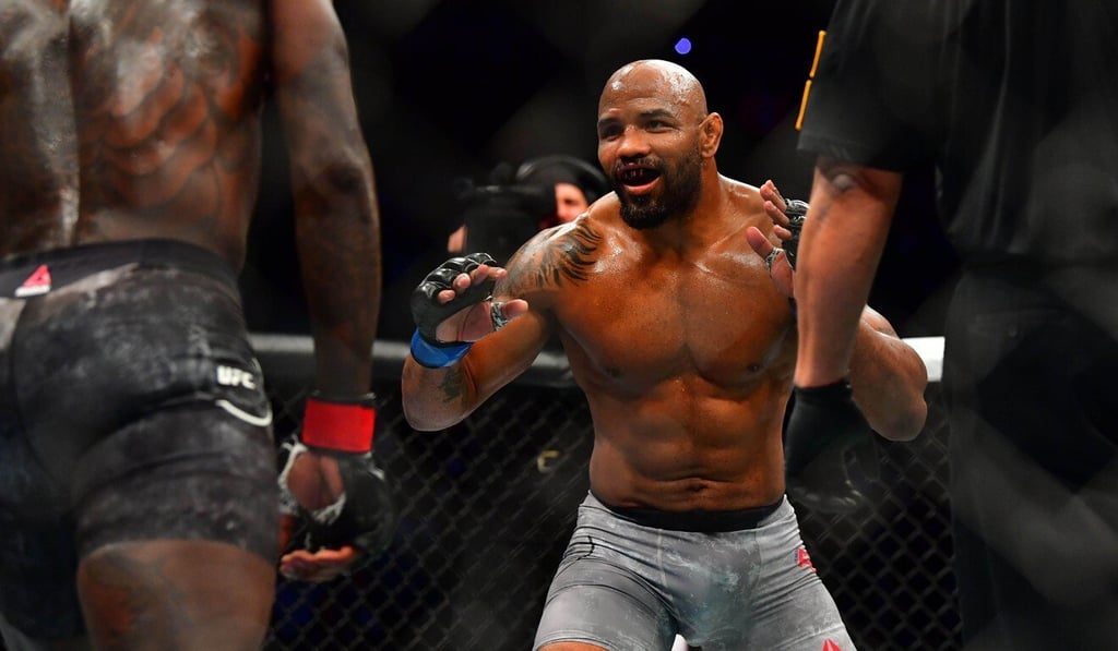 Yoel Romero enjoys a moment during his middleweight title fight against champion Israel Adesanya at UFC 248 in the T-Mobile Arena, Las Vegas. Photo: USA Sport Today