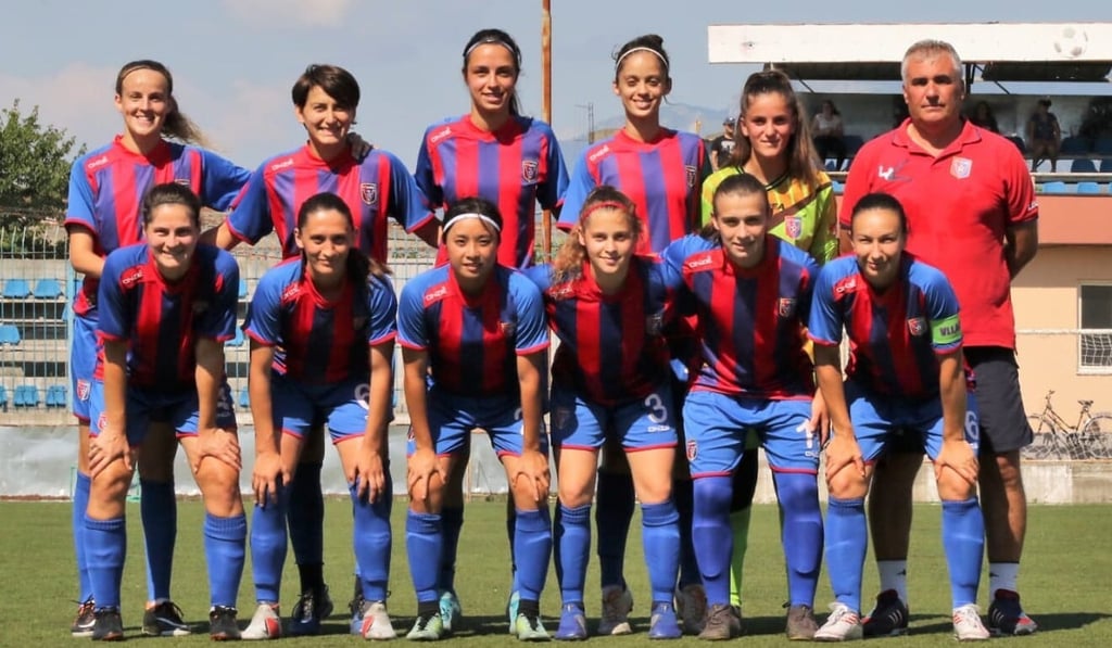 Wai Yuen-ting with her Vllaznia teammates before the league game against Maliqi. Photo: Graeme Chan