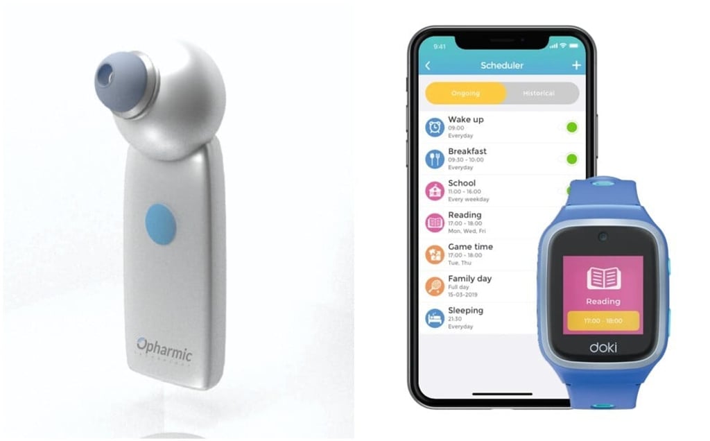 The prototype of Opharmic Technology’s hand-held ultrasound device (left), which can help to administer drugs in the eye in a non-invasive way; Doki Technologies’ dokiPal 4G smartwatch for children.