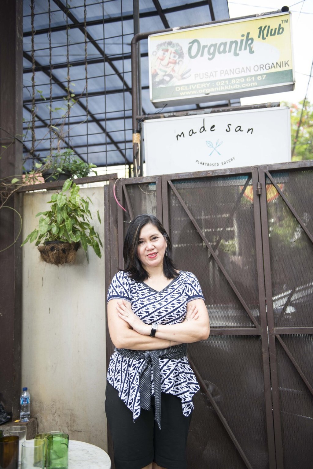 Santi in front of her shop and plant-based organic cafe Organik Klub in Jakarta. Photo: Ade Mardiyati
