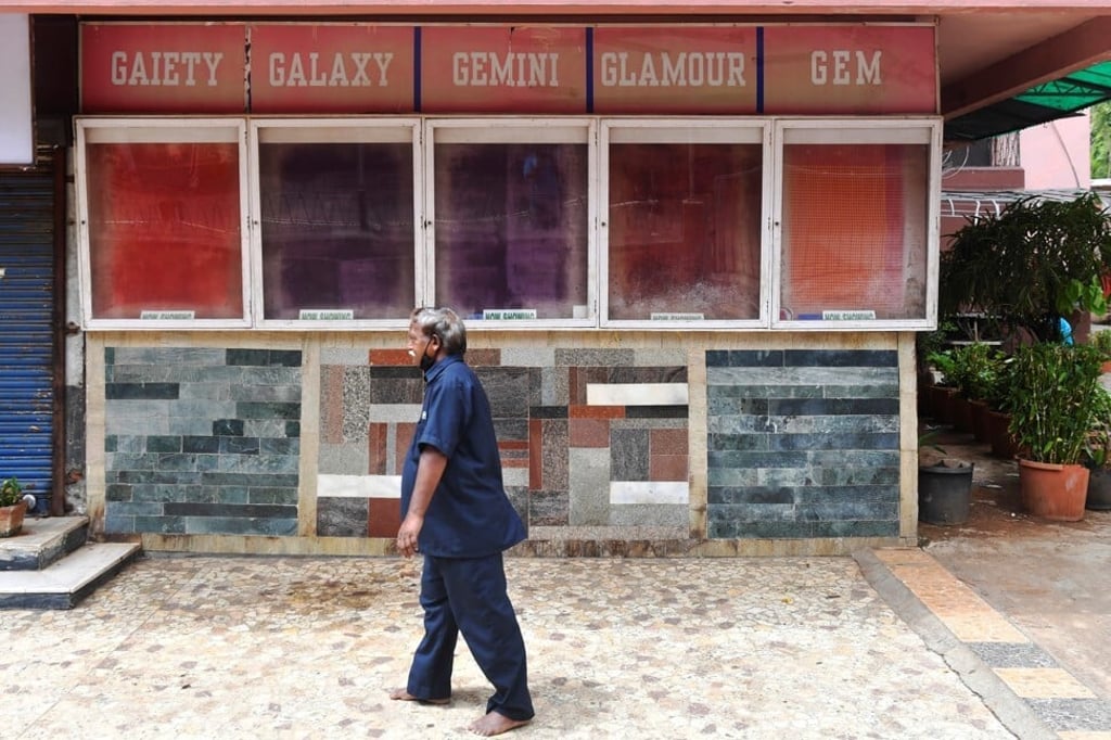 Empty poster display cases at a closed cinema complex in Mumbai. Photo: Indranil Mukherjee/AFP