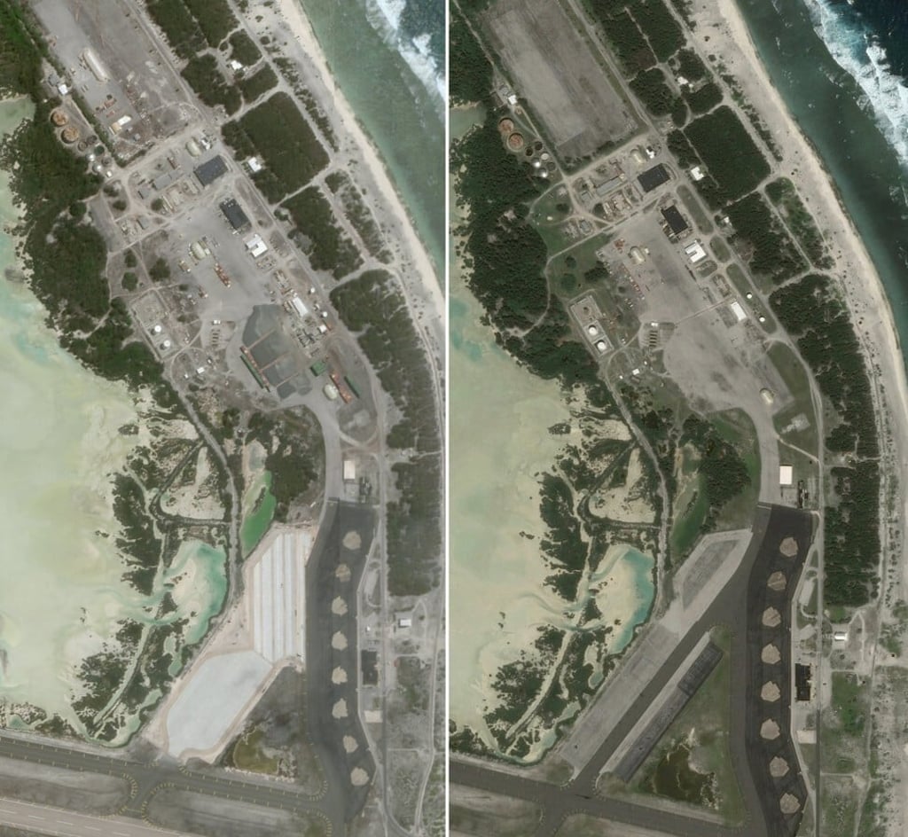 Satellite images taken on June 25 this year (left) and October 8, 2016, show the large apron expansion on the eastern side of the airfield and activity and construction in the support area to the north. Photo: Planet Labs Inc