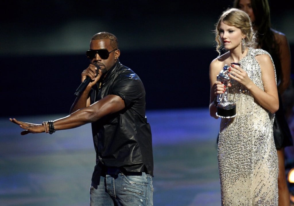 West interrupts the acceptance speech from best female video winner Taylor Swift at the 2009 MTV Video Music Awards in New York. Photo: Reuters