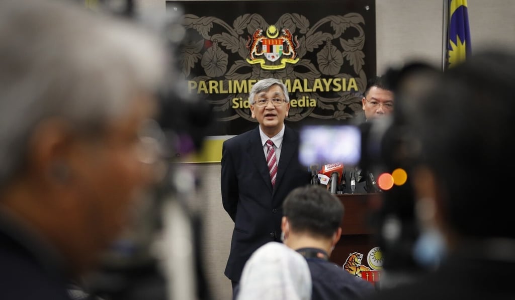 Mohamad Ariff Md Yusof, Malaysia’s former parliament lower house speaker, speaks to the media after Monday’s vote to remove him. Photo: AP