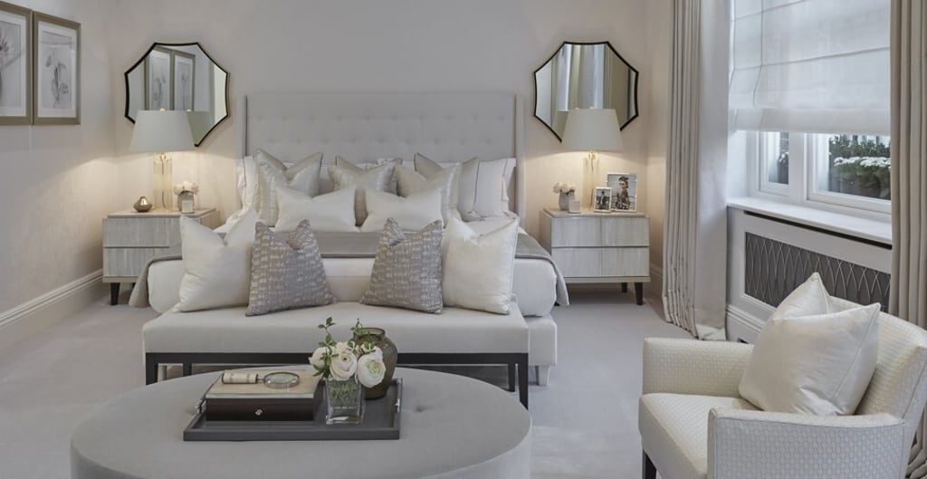In bedrooms, go for a pair of mirrors, light fabrics and glass lamps. Photo: handout