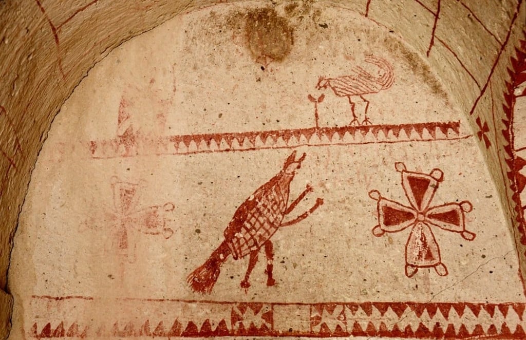 Frescoes and murals in an ancient Christian cave rock-cut church in Cappadocia, Turkey, show a drawing of a chicken. Photo: Getty Images/iStockphoto Frescoes and murals in an ancient Christian cave rock-cut church in Cappadocia, Turkey, show a drawing of a chicken. Photo: Getty Images/iStockphoto